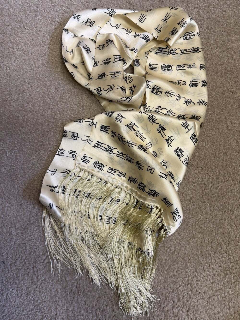 100% Silk Scarf Double Sided Ivory Black Asian Writing Poem 10.5" X 44" NWOT